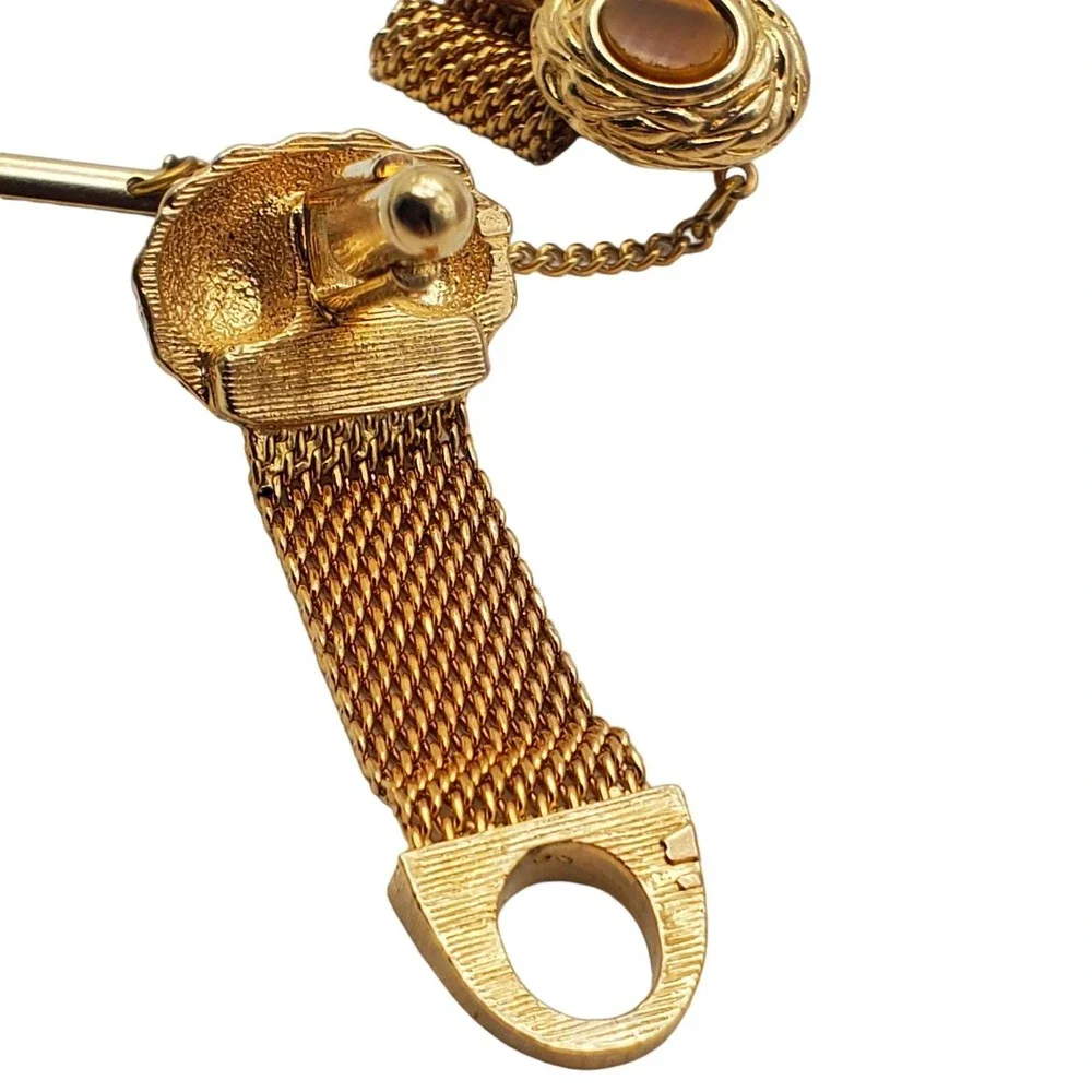 Tigers Eye Cufflinks Tie Tack Pin Gold Mesh Wrap Around Band Brown Stone Vintage